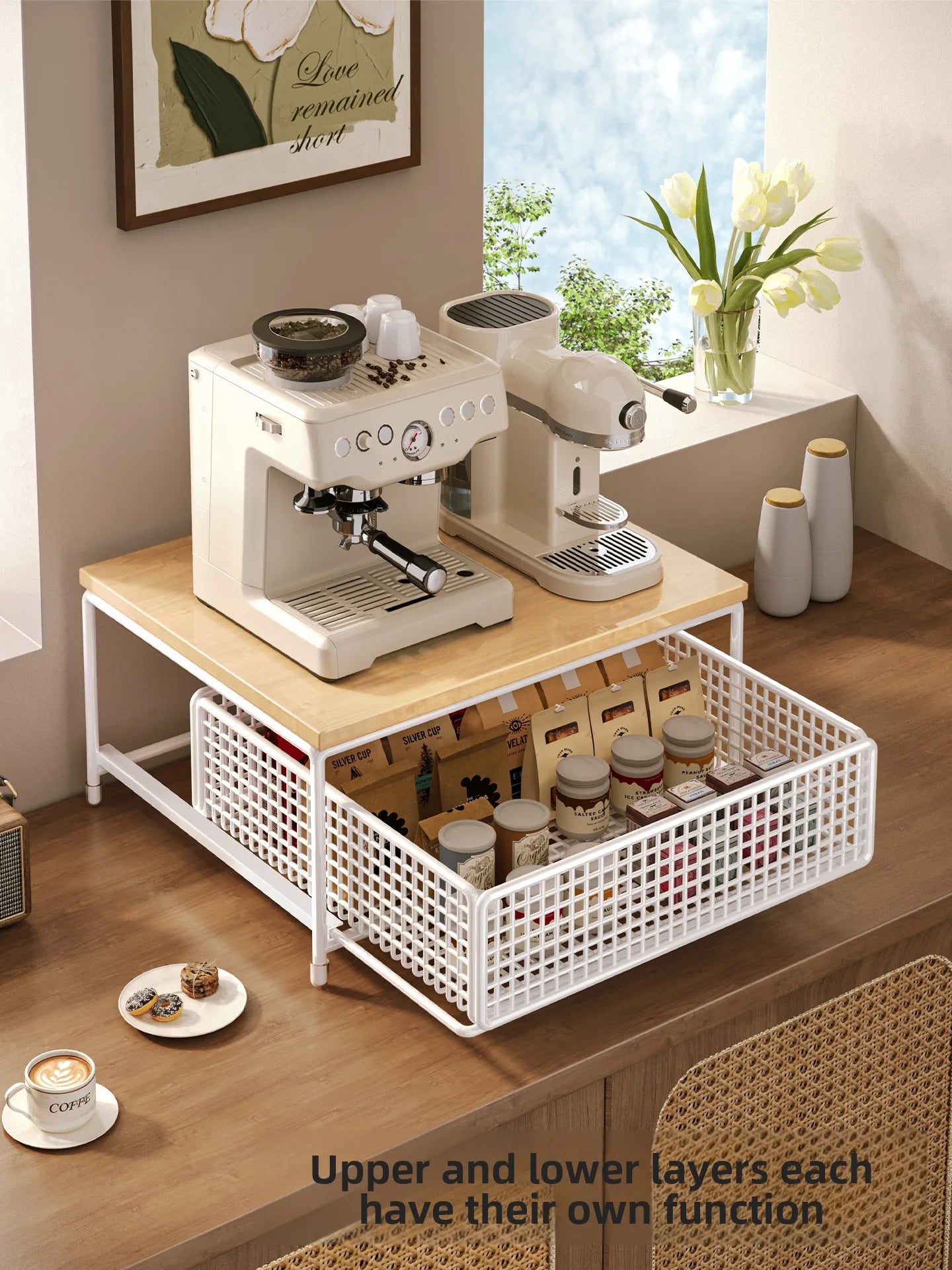 Desktop Coffee Machine Organizer – Pull-Out Barista Storage Box for Pods, Tea Bags & Cups