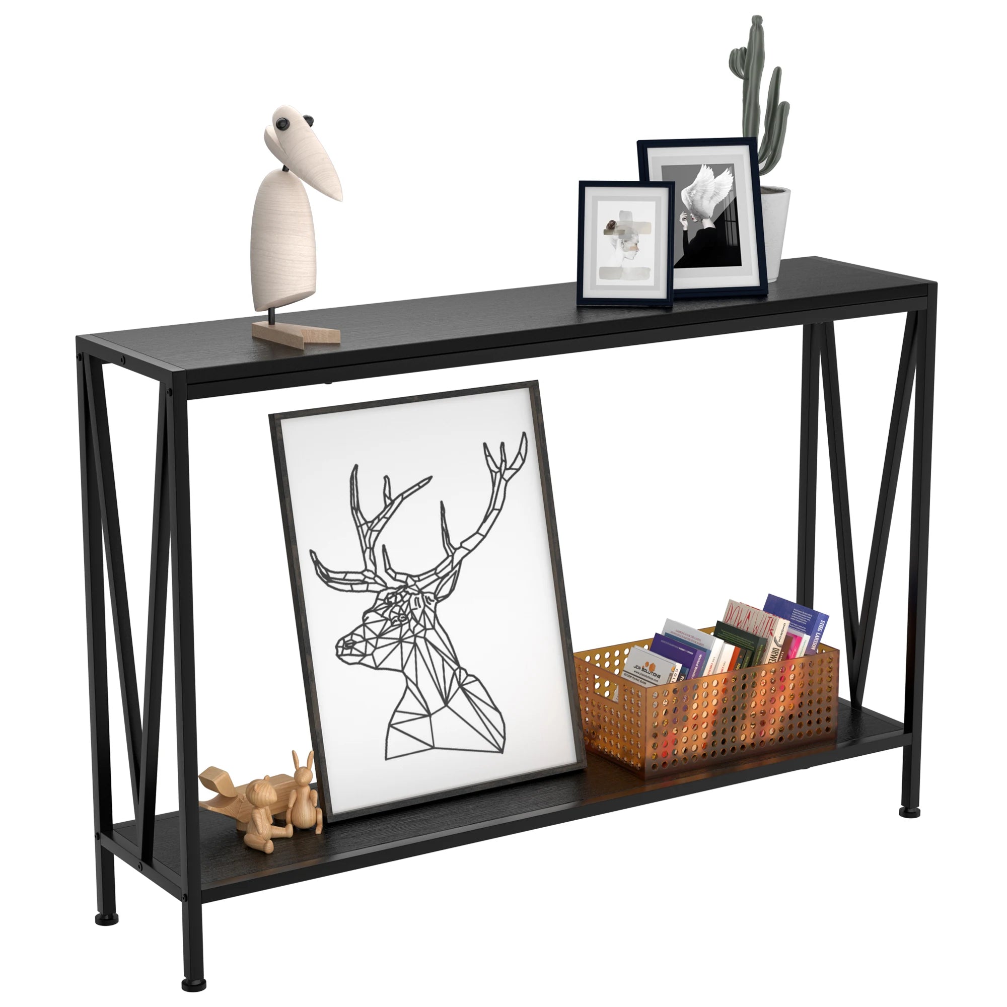 Black Narrow Console Table 2-Tier Sofa Table with Shelf for Entryway Hallway Foyer Living Room Corridor 42.9in