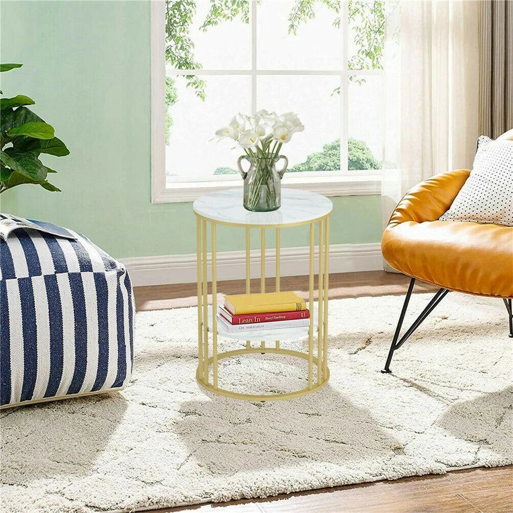 2 Tiers Round Sofa Side Table Sintered Stone Gold Metal Frame End Table Marble Accent Coffee Table Nightstand