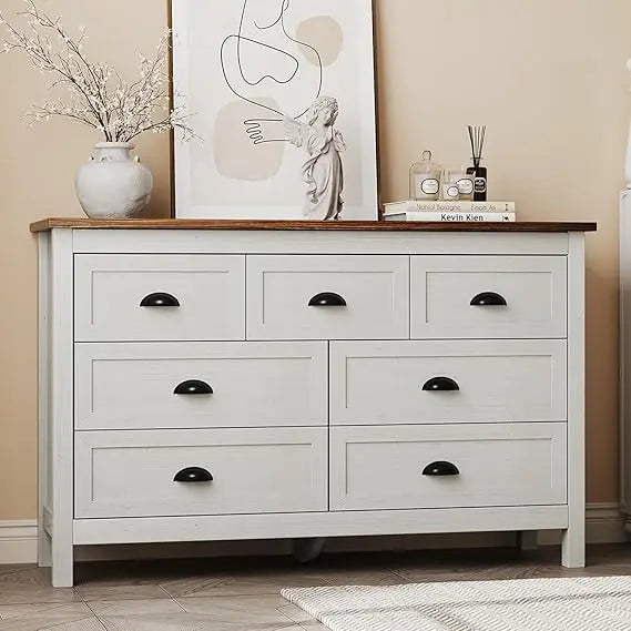 Farmhouse White Dresser for Bedroom, Wide Wood Dressers & Chests of Drawers with Vintage Black Handle, 7 Drawer Dresser