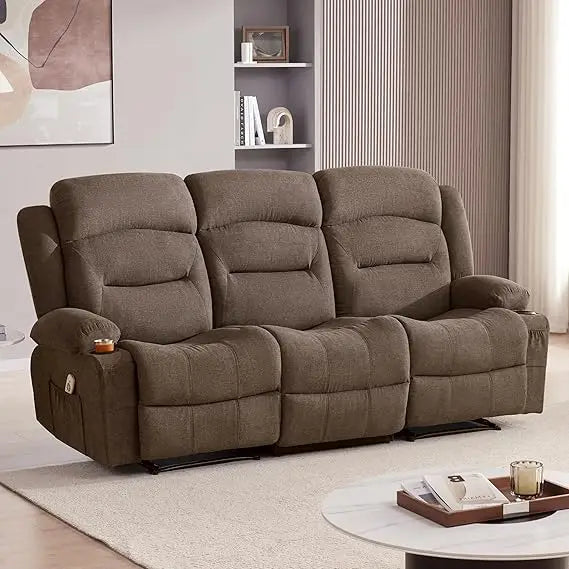 Oversized Recliner Sofa with Heat and Massage, Wall-Hugger Reclining Sofa with USB Port and Cup Holders, Large Big 3-Seater RV R