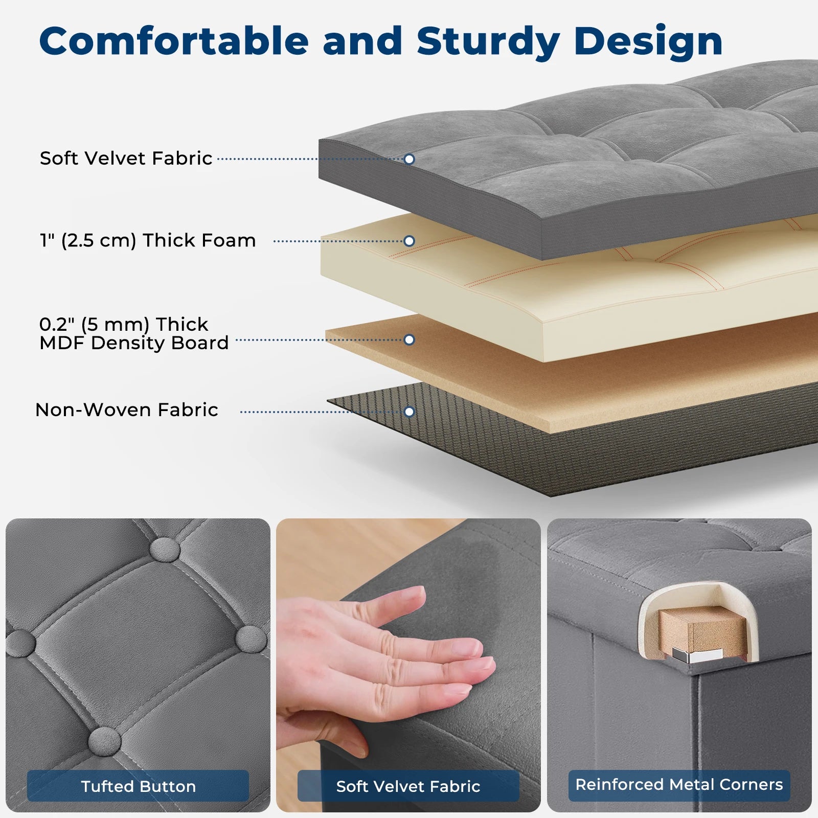 Folding Storage Ottoman Bench – 30″ Heavy-Duty Footstool with Storage