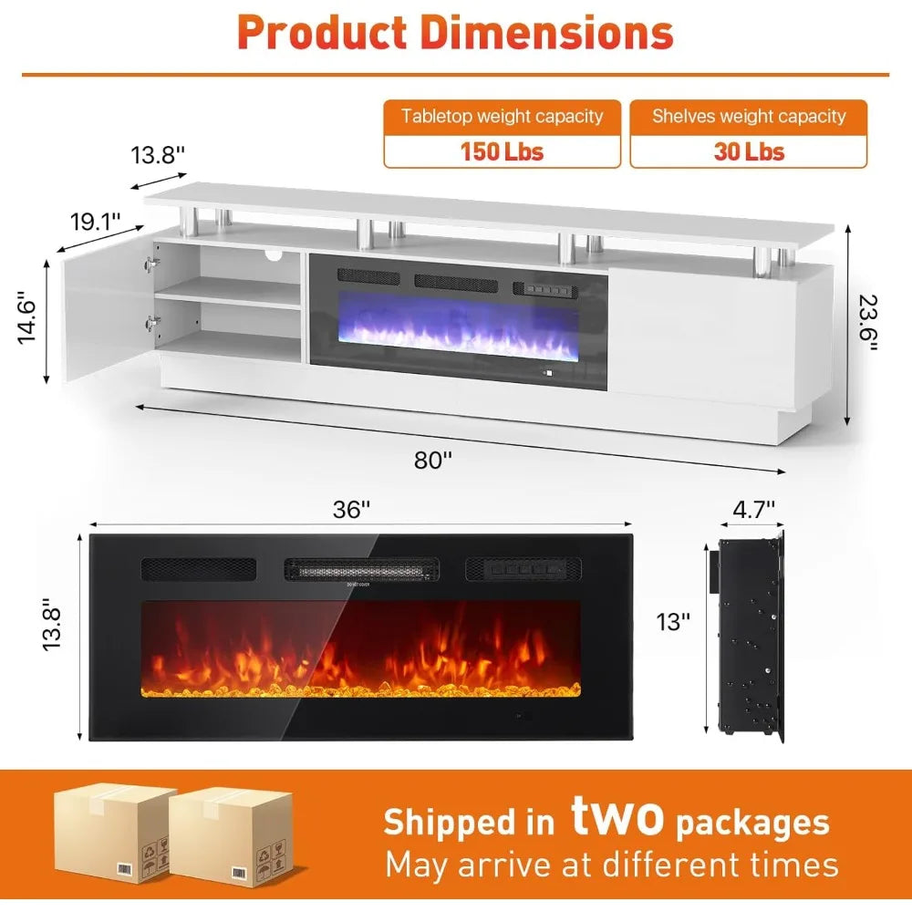 80" Modern Entertainment Center with 36 Inch Electric Fireplace Remote Control LED Light Fire Place - Wood TV Stand