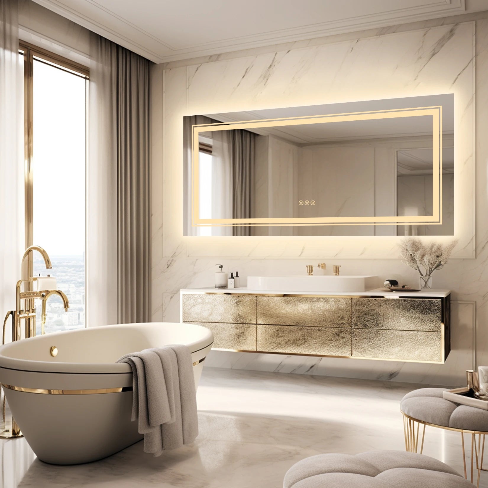 Extra Large Rectangle Bathroom Mirror LED Vanity Dimmable Backlit Anti-Fog Memory with Front and Backlight Shatter-Proof