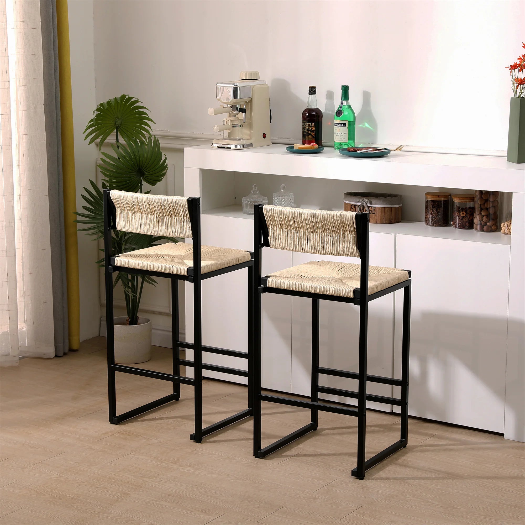 2pcs High Bar Stools Chairs Paper Rope Woven Barstools 220lbs Max Weighing Capacity for Kitchen Dining Room Coffee Shop