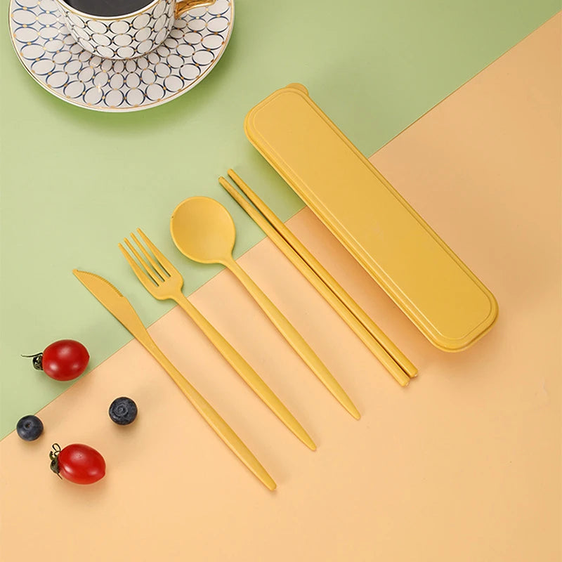 4Pcs Travel Cutlery Sets Portable Tableware Set With Box Chopsticks Fork Spoon Knife Wheat Straw Dinnerware Picnic Cutlery