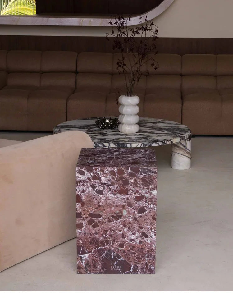 37x37x50CM Rosso Levanto Travertine Vintage Marble Side Table Nighstand Handmade Solid Natural Stone Coffee Table Desk