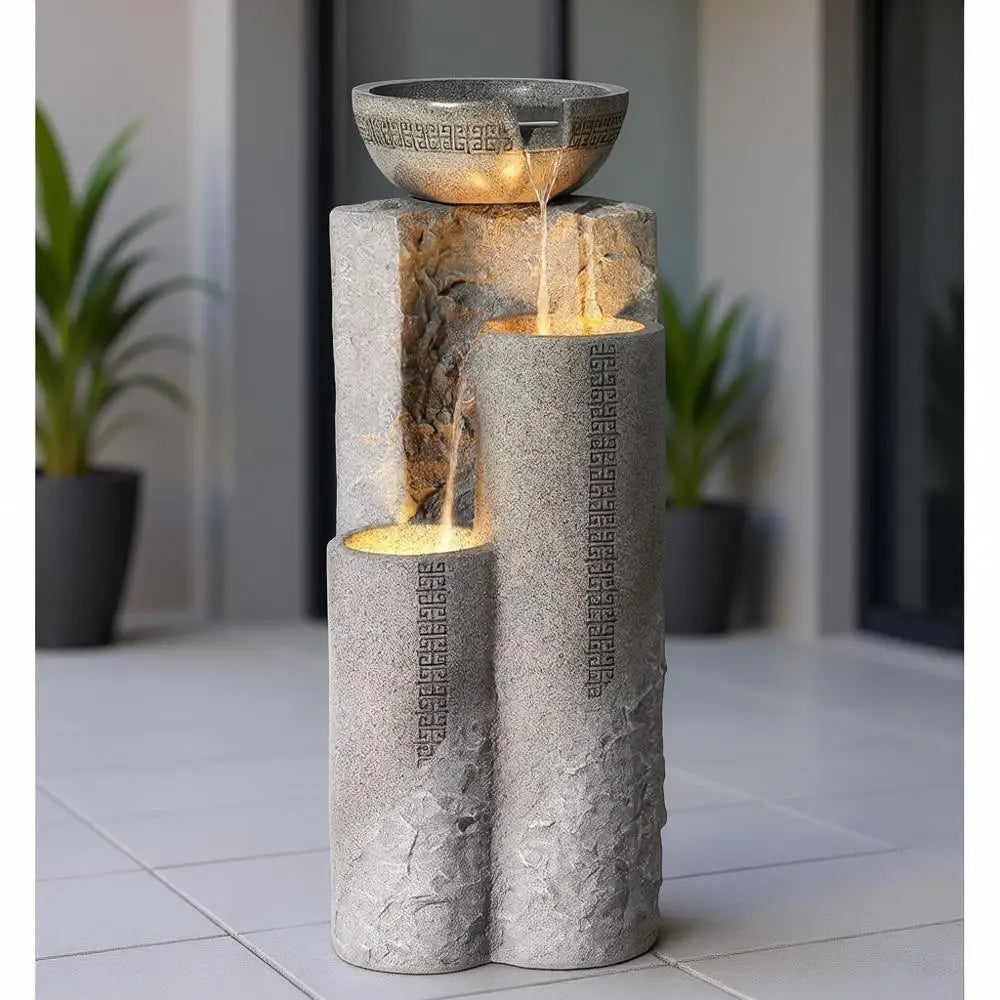 Large Zen Outdoor Floor Fountain, 34.5 High, Modern Tiered Waterfall with LED Light for Garden, Patio, and Backyard