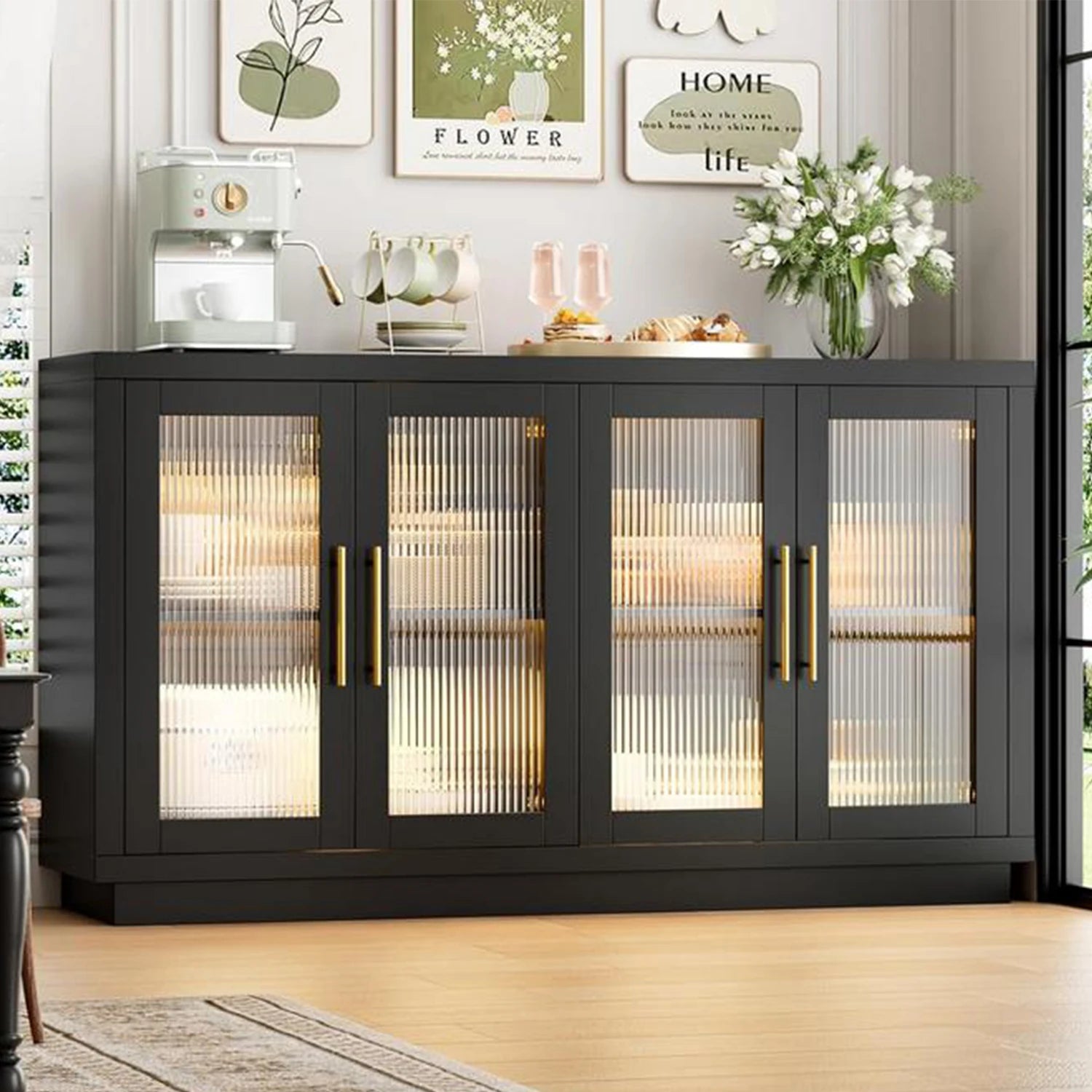 Buffet Cabinet with Storage 55.1" Large Wood Cabinet with 4 Fluted Glass Doors Black Modern Storage Cabinets for Dinning Room