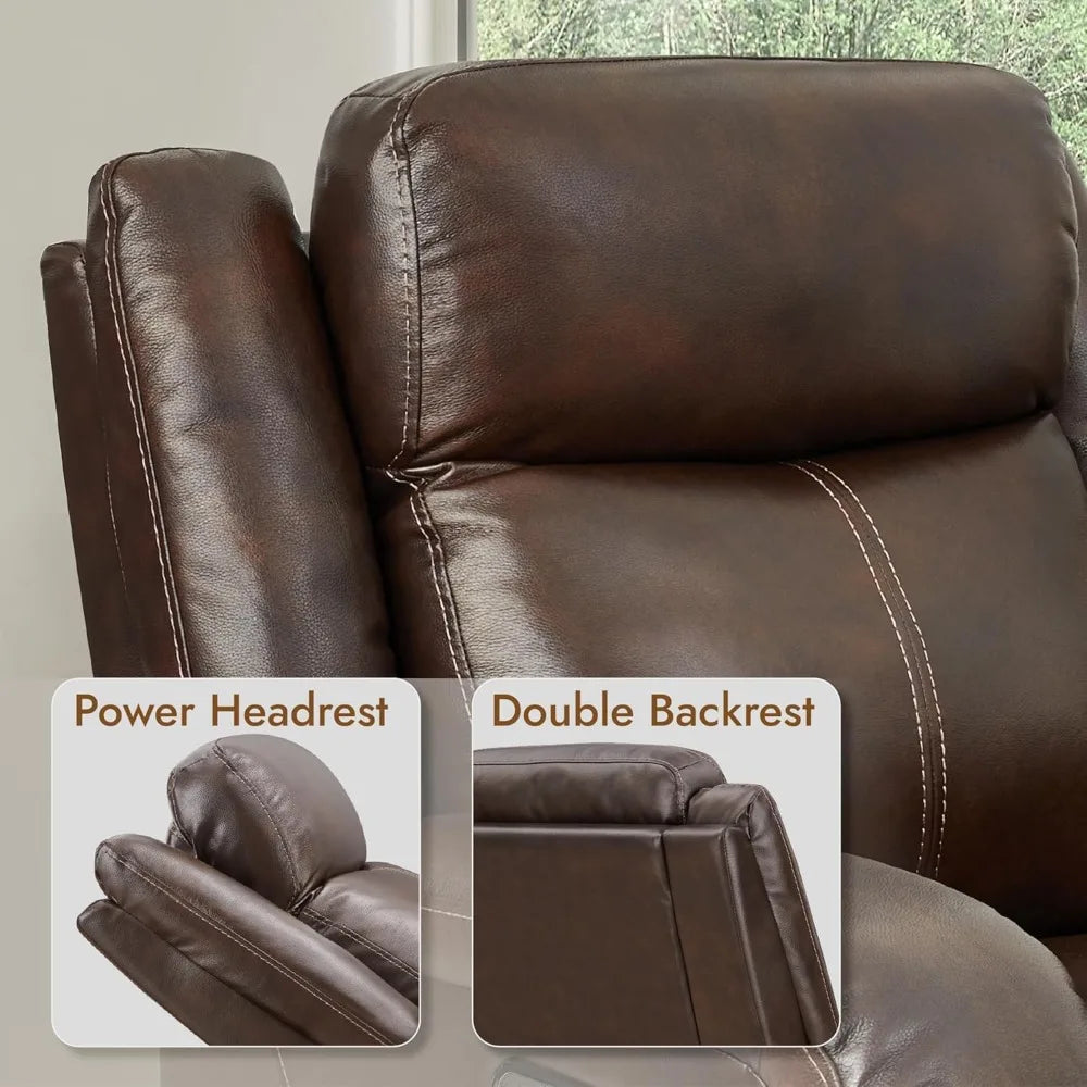 Genuine Leather Power Recliner Chairs for Adults, Wall Hugger RV Recliner with Power Headrest & Charging Ports,Electric Recliner