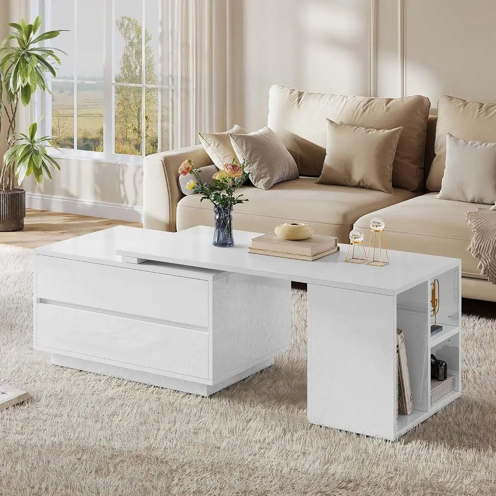 Modern Rectangular LED Coffee Table – White Extendable Center Table with 4 Storage Drawers