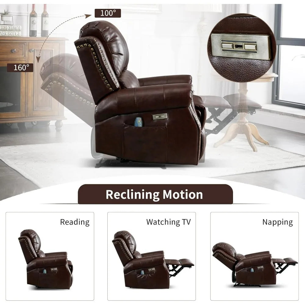 Classic Power Recliner Chair with Massage and Heat, Breathable Faux Leather Electric Recliner with USB Port, Overstuffed Reclini