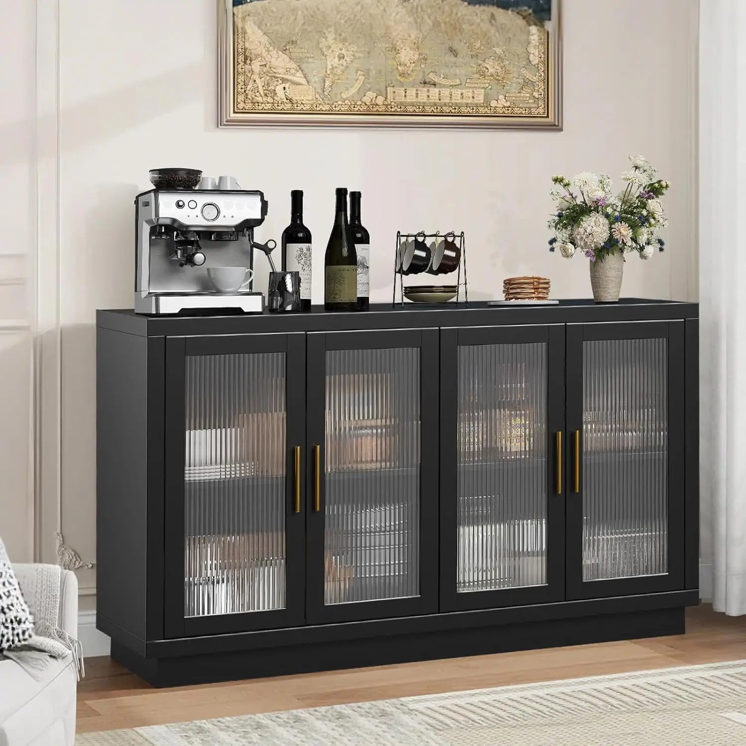 Buffet Cabinet with Storage 55.1" Large Wood Cabinet with 4 Fluted Glass Doors Black Modern Storage Cabinets for Dinning Room