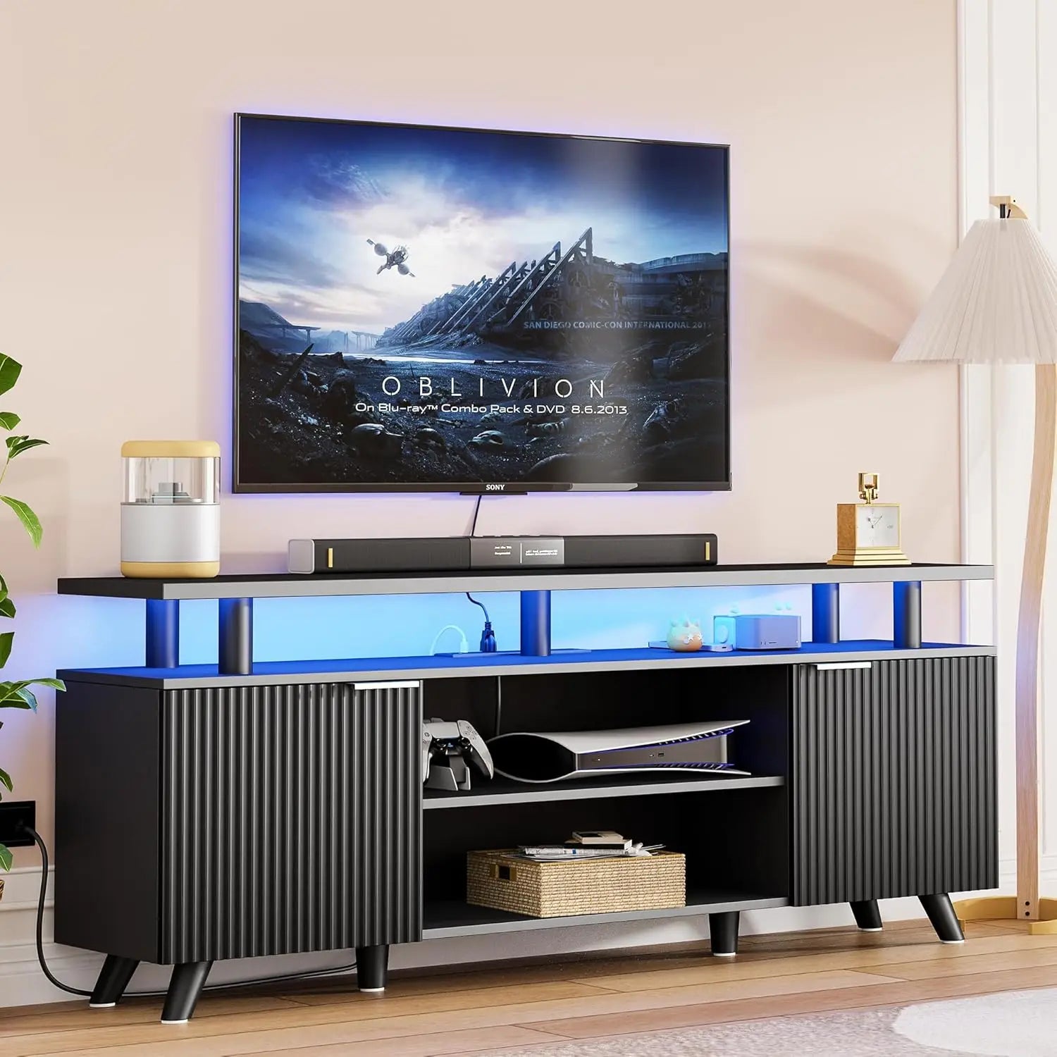 Modern TV Stand for 55-70 Inch TV Entertainment Center with Wooden Storage Cabinets And Power Outlet for Living Room