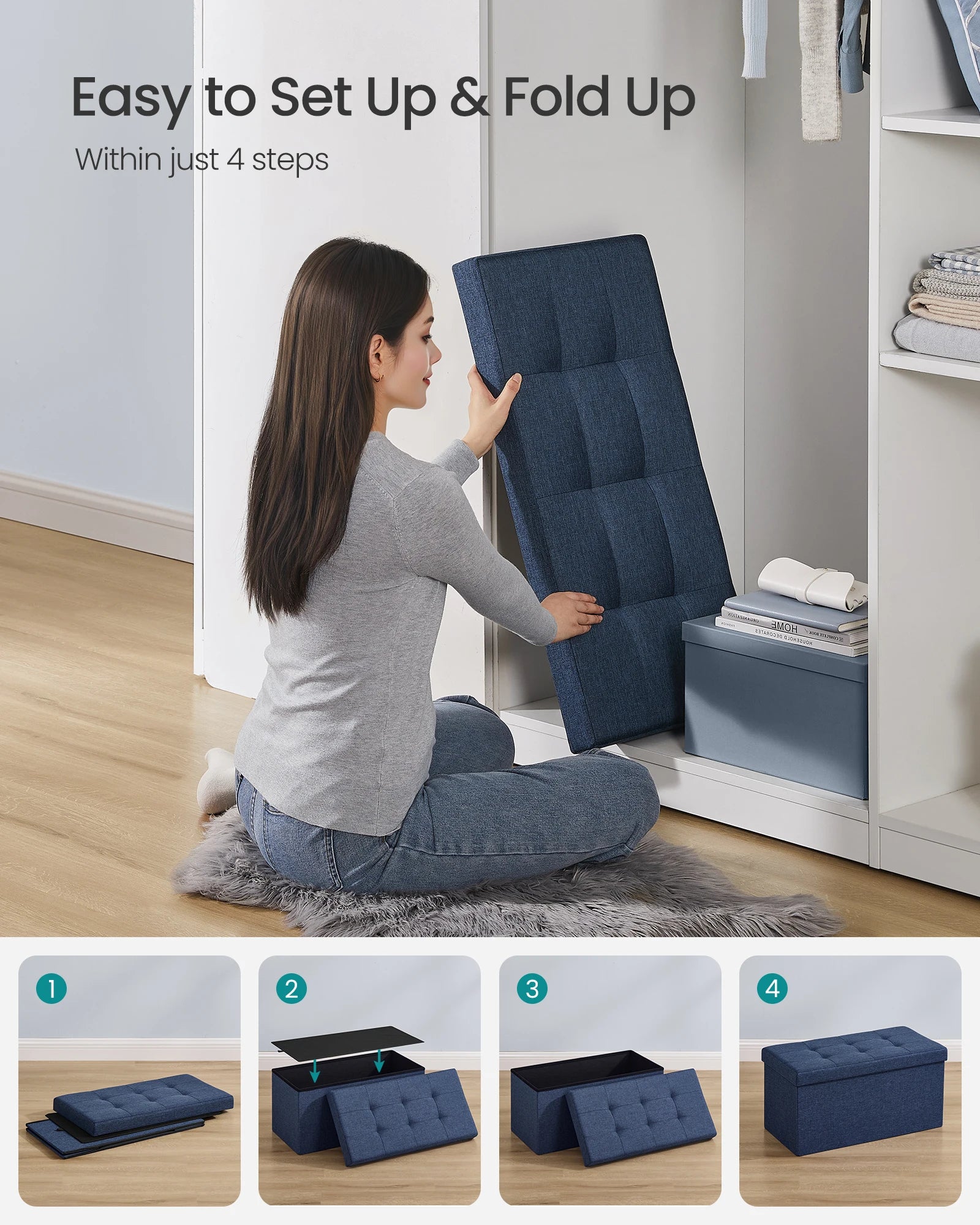 SONGMICS Folding Storage Ottoman Bench – 30″ Storage Chest Footrest