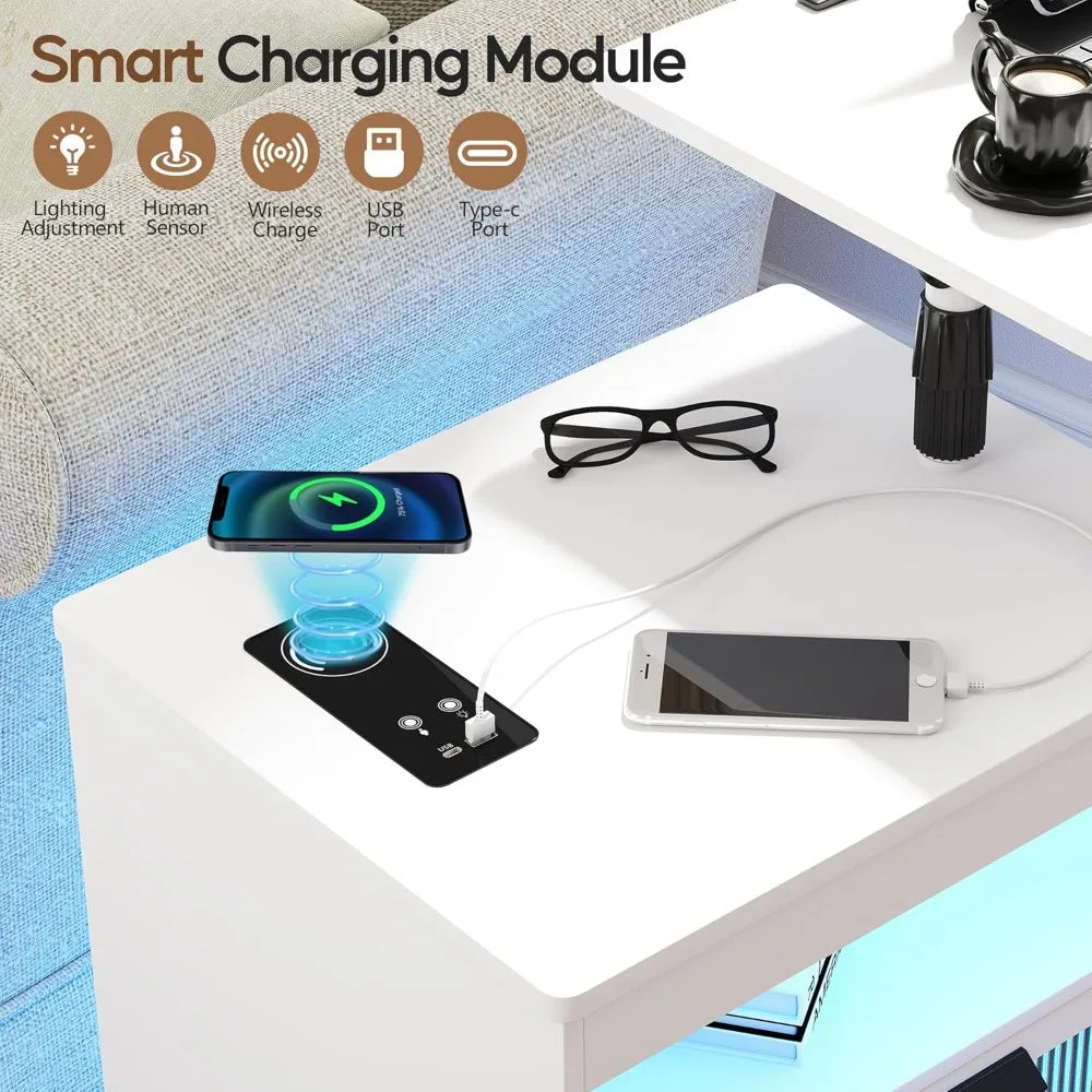 LED Nightstand with Wireless Charging Station, Bedroom Night Stand with Adjustable Rotary Study Table/Workable, Smart Bedside