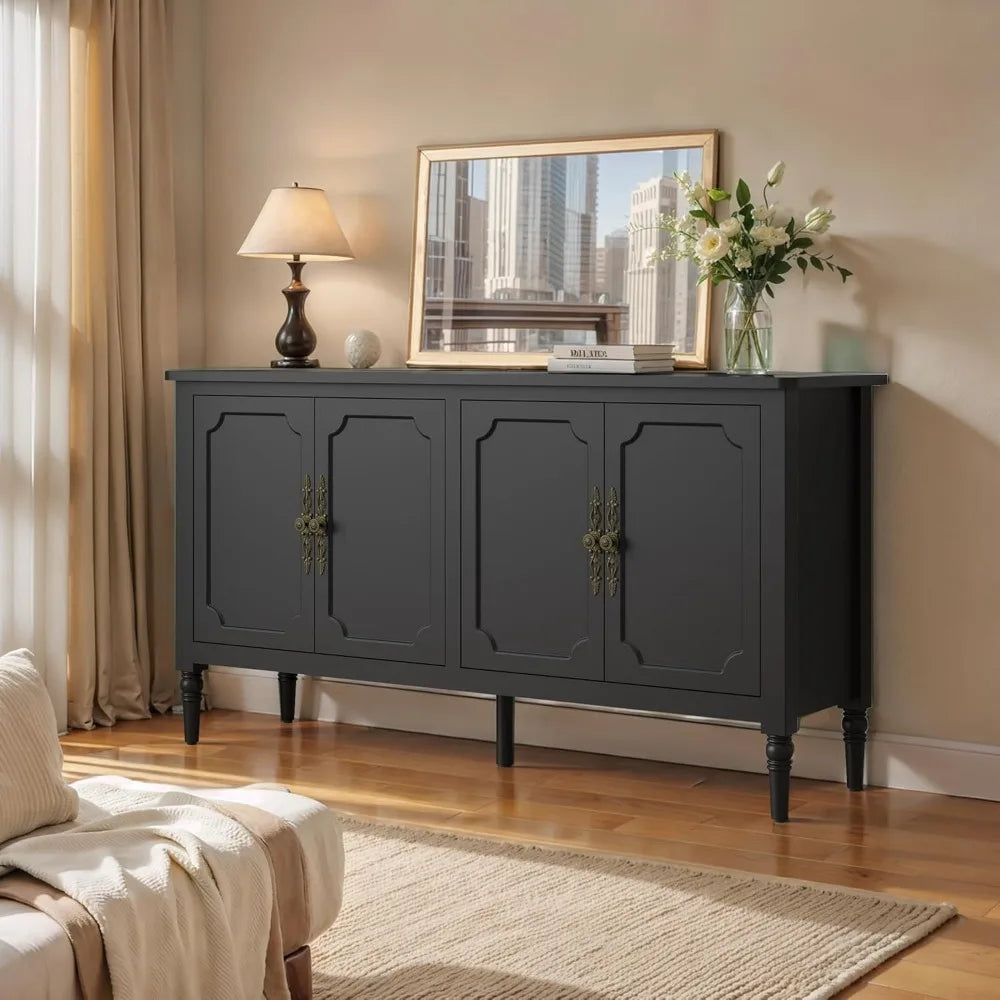 Large Sideboard with Storage, 58 Inch Modern Sideboard Buffet Table Coffee Bar Bar Storage Cabinet with Artistic Carved Handles