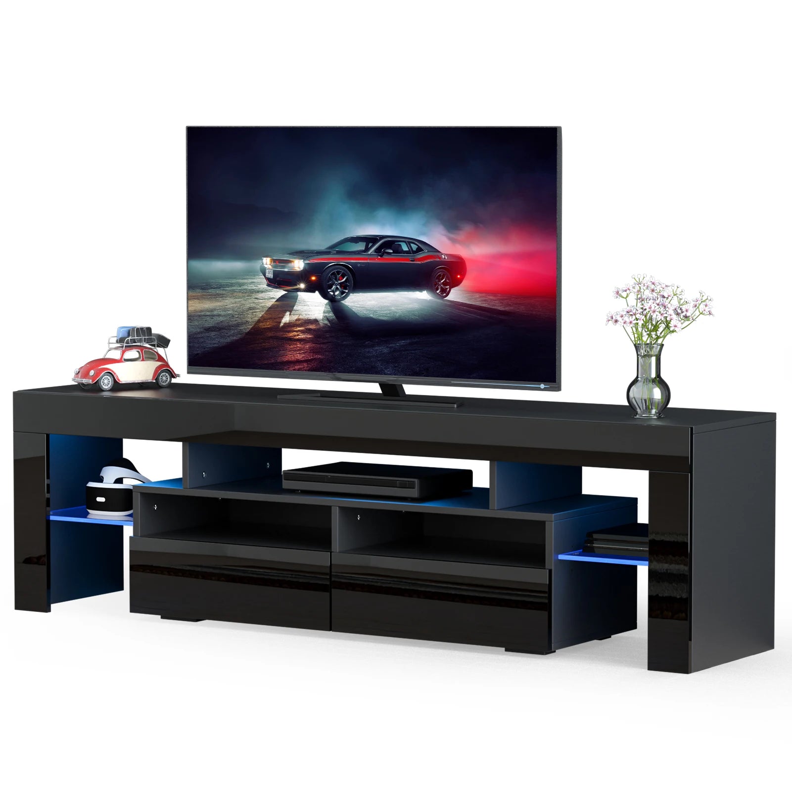 71IN LED TV Stand for 75/70/65 inch TV Modern Black Stand for Living Room with Storage Drawers High Gloss TV Cabinet