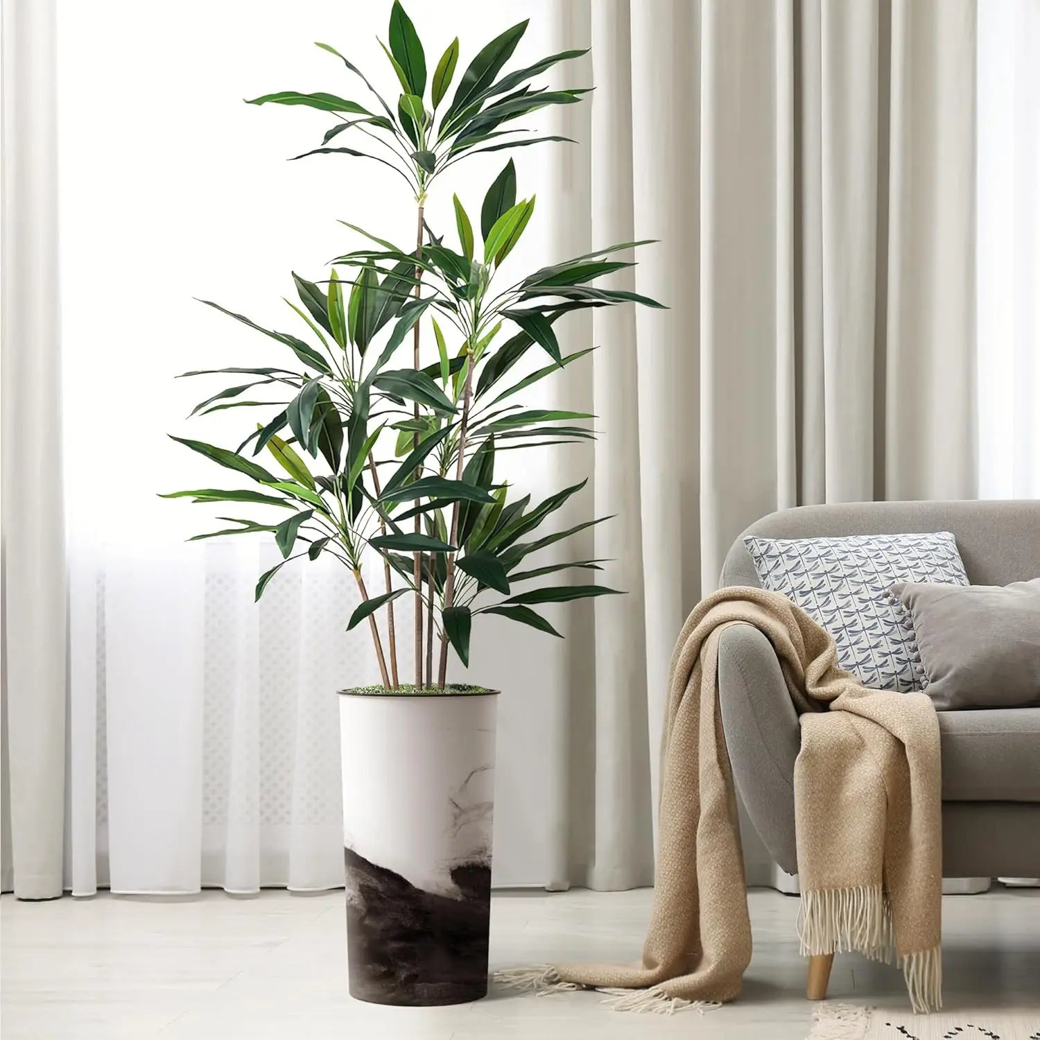 Artificial Tree in Contemporary Planter, Fake Dracaena Tree Silk Tree for Indoor and Outdoor Home Decoration - 66" Overall Ta