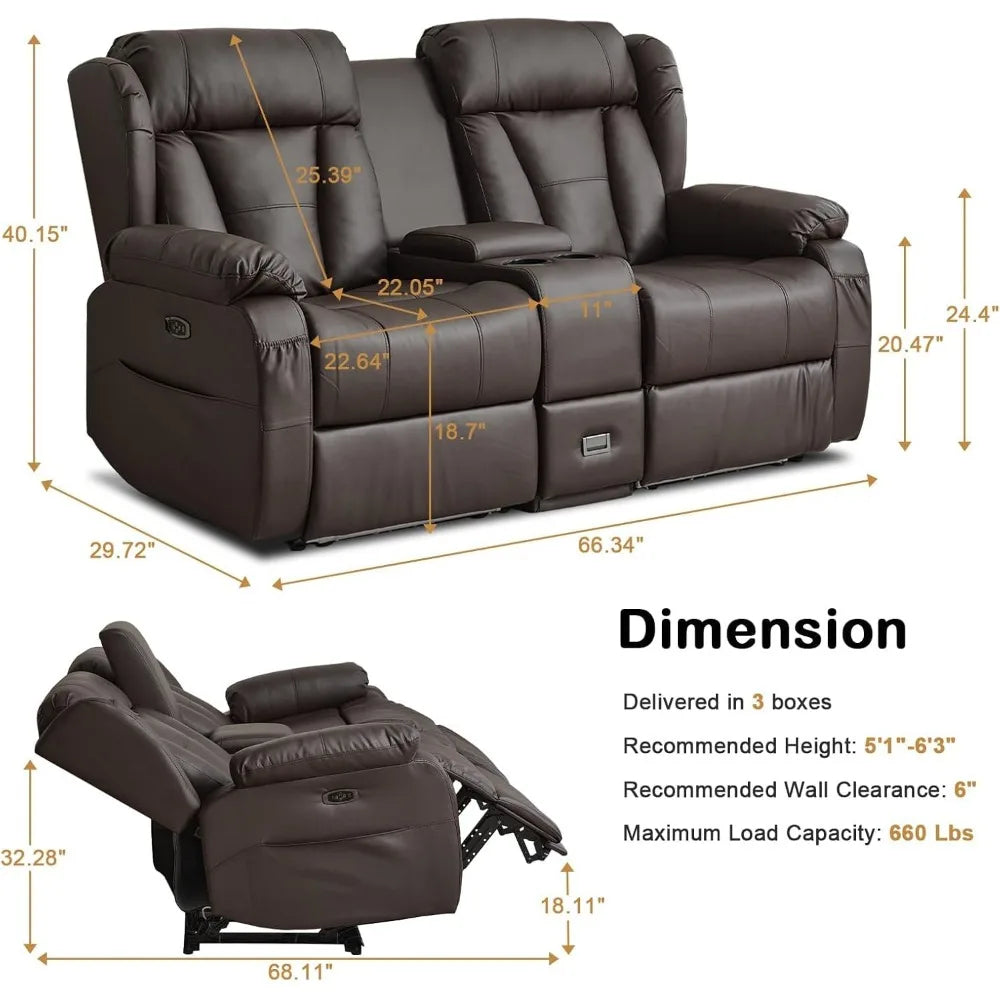 Power Reclining Loveseat Sofa, Loveseat Recliner Couch with Console, RV Recliners for Travel Trailers, Home Theater Seating