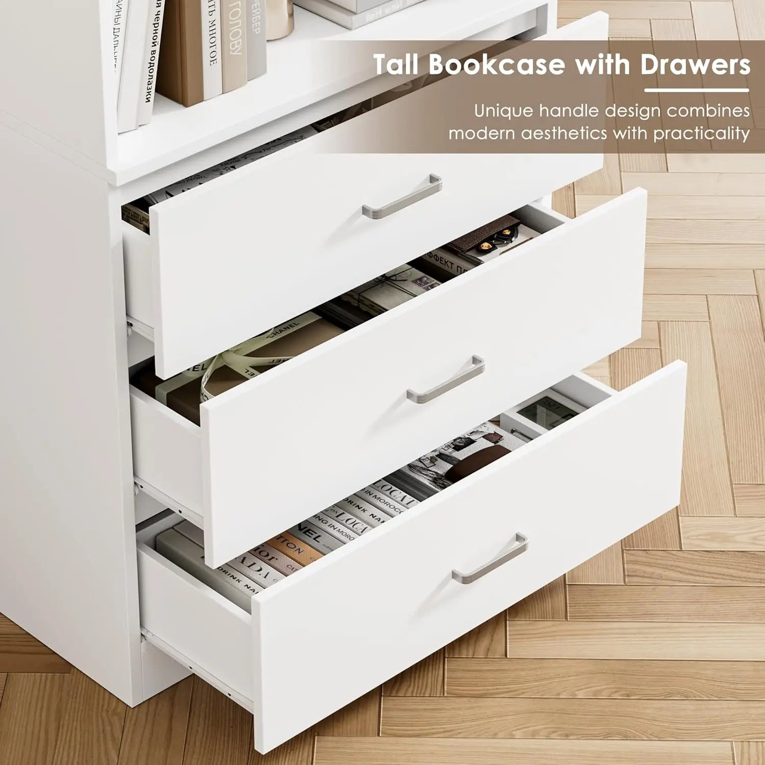 71' White 3-Tier Bookshelf with Drawers, Tall Storage Cabinet for Home Office