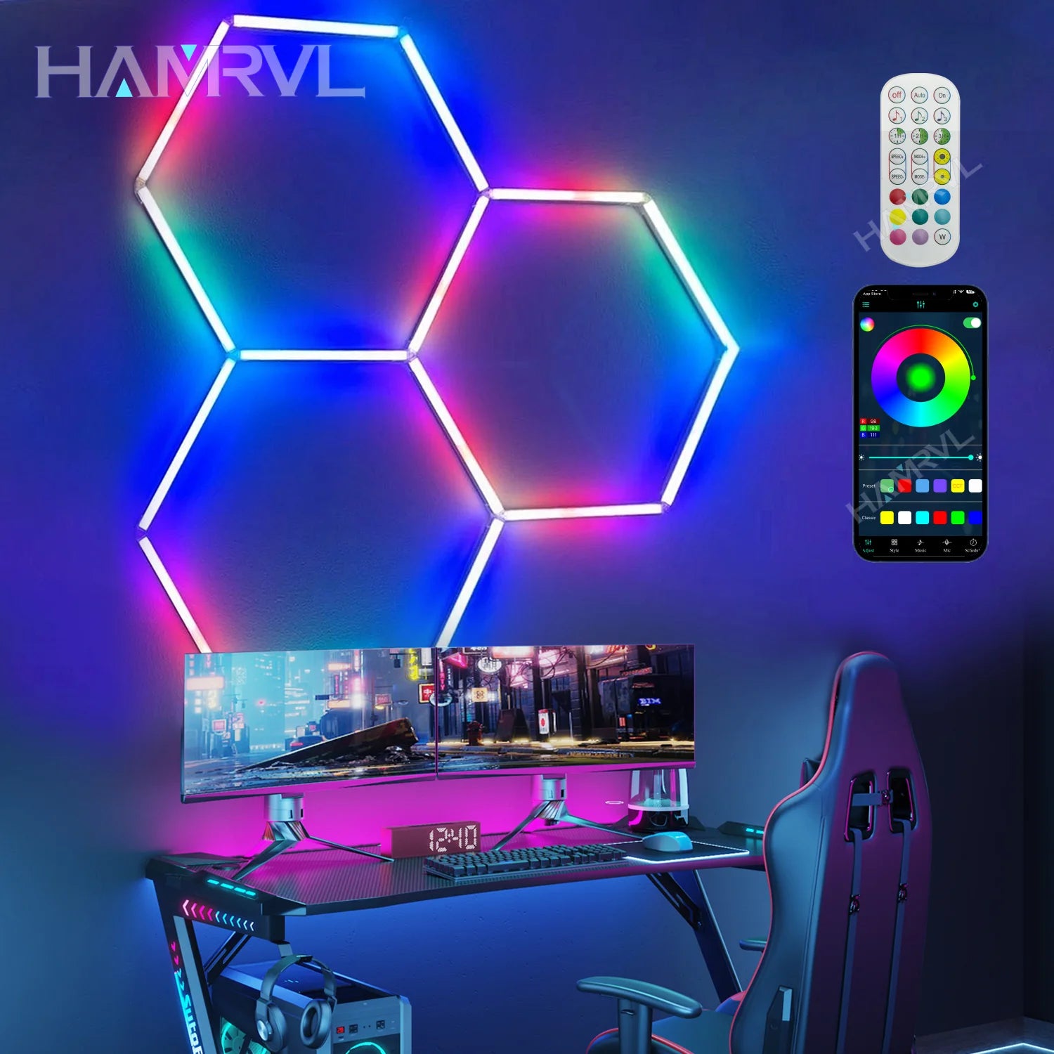 RGB Hexagon LED Garage Light - Hexagon panel light with multi changing music synchronization suitable for gym gaming room party