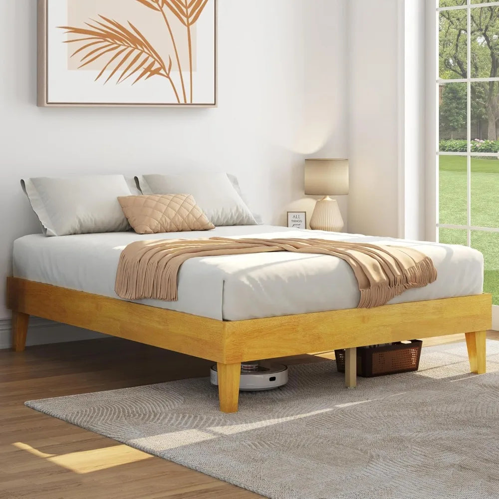 Queen Bed Frame – Natural Solid Wood Platform Bed with 12″ Underbed Storage