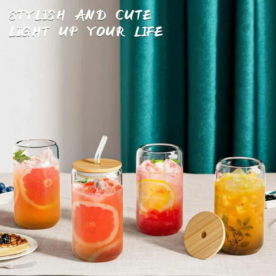 16oz Glass Cups with Bamboo Lids and Glass Straws 20Pcs Drinking Glasses Set for Iced Coffee Juice Tea Soda Smoothie Cocktail E
