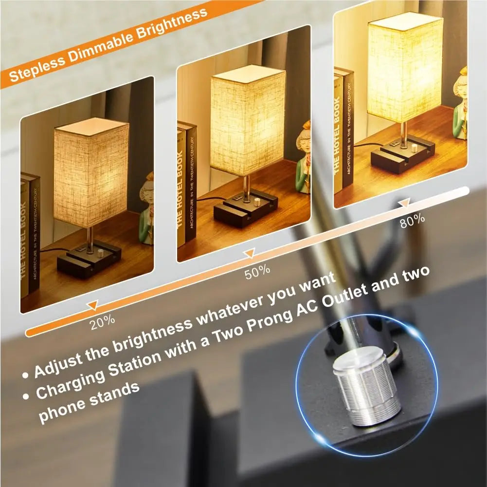 Fully Dimmable Bedside Lamps for Bedroom with Two Phone Stands,Wooden Desk Lamp for Table Living Room Reading Light Home Decor