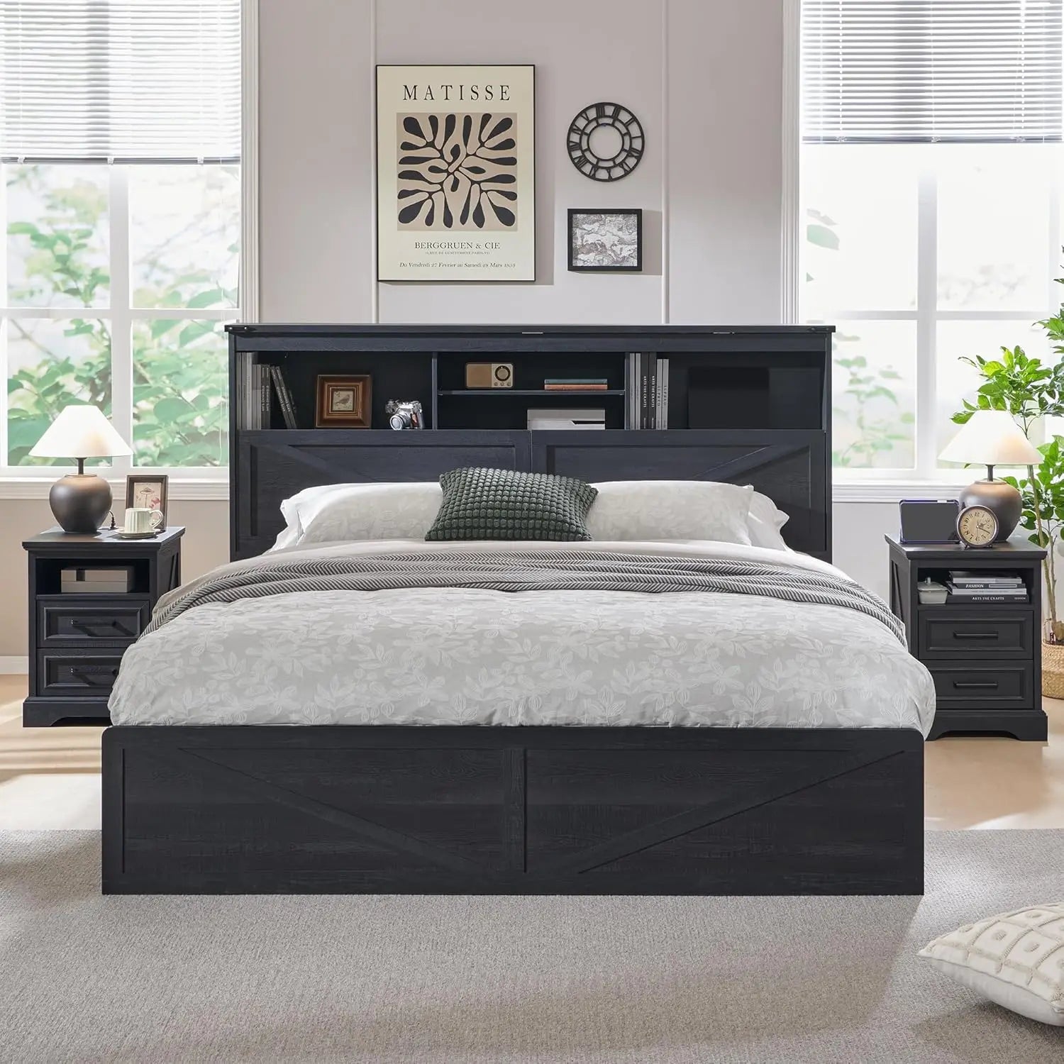 King Size Farmhouse Wood Bed Frame with Storage Bookcase Headboard, LED Light & Charging Station (Black)
