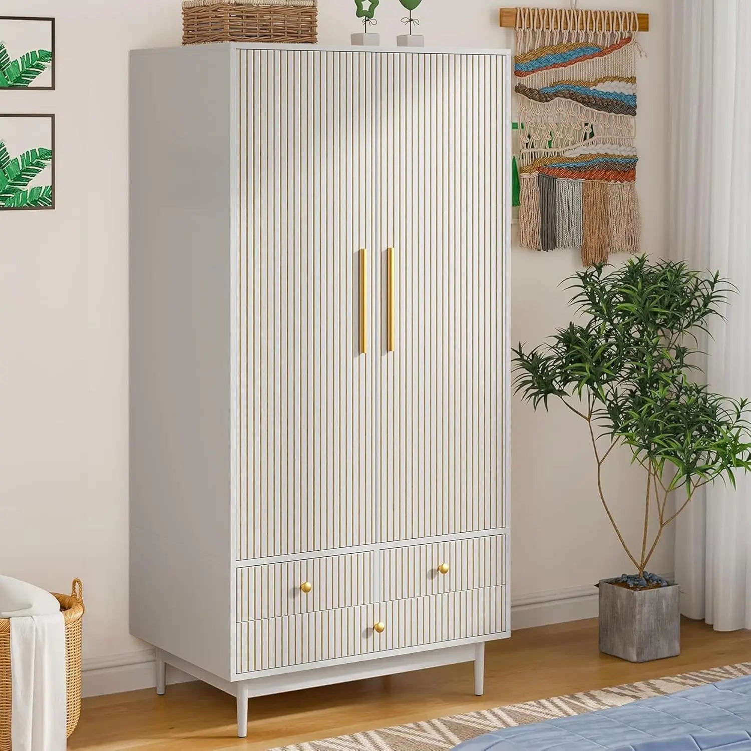 Armoire Wardrobe Closet with 2 Fluted Doors,64.96" Wooden Clothes Storage Cabinet with Hanging Rod and Shelf Storage,Wardrobe Ca