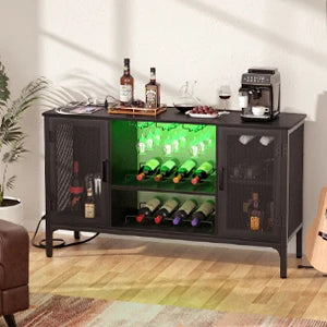 Industrial Wine Bar Cabinet with Power Outlets & LED Lights – Adjustable Wine Rack Coffee Station