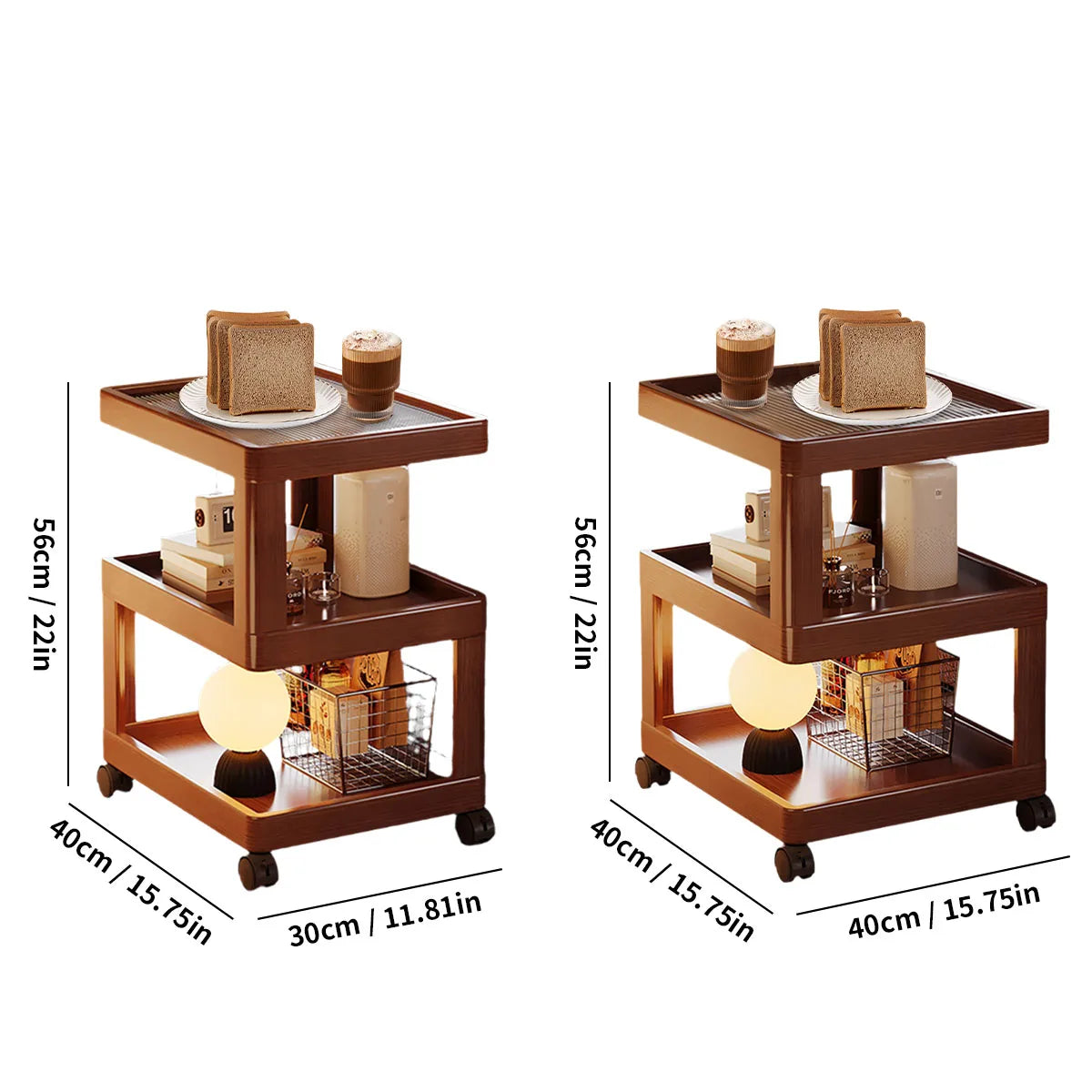 Geometric 3-Tier Bamboo Storage Side Table with Acrylic Surface & Wheels, Tea Brown Living Bedroom Furniture