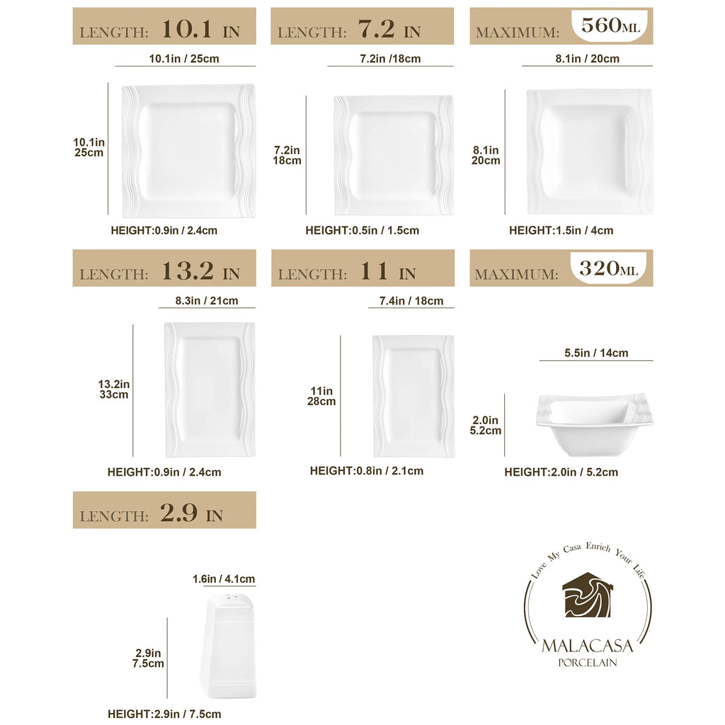 MALACASA Square White Porcelain Dinnerware Set – 28 Piece Plates, Bowls & Serveware Set