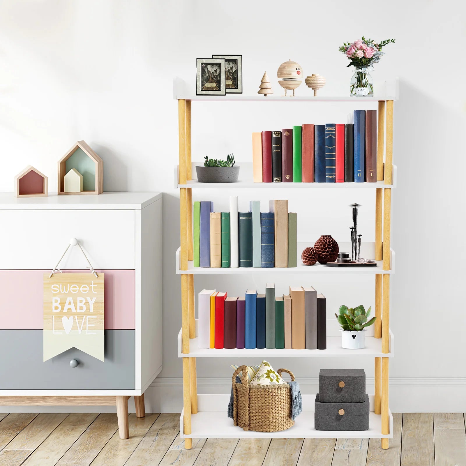 5-Layer Wooden Bookshelf – Modern High Display Bookcase