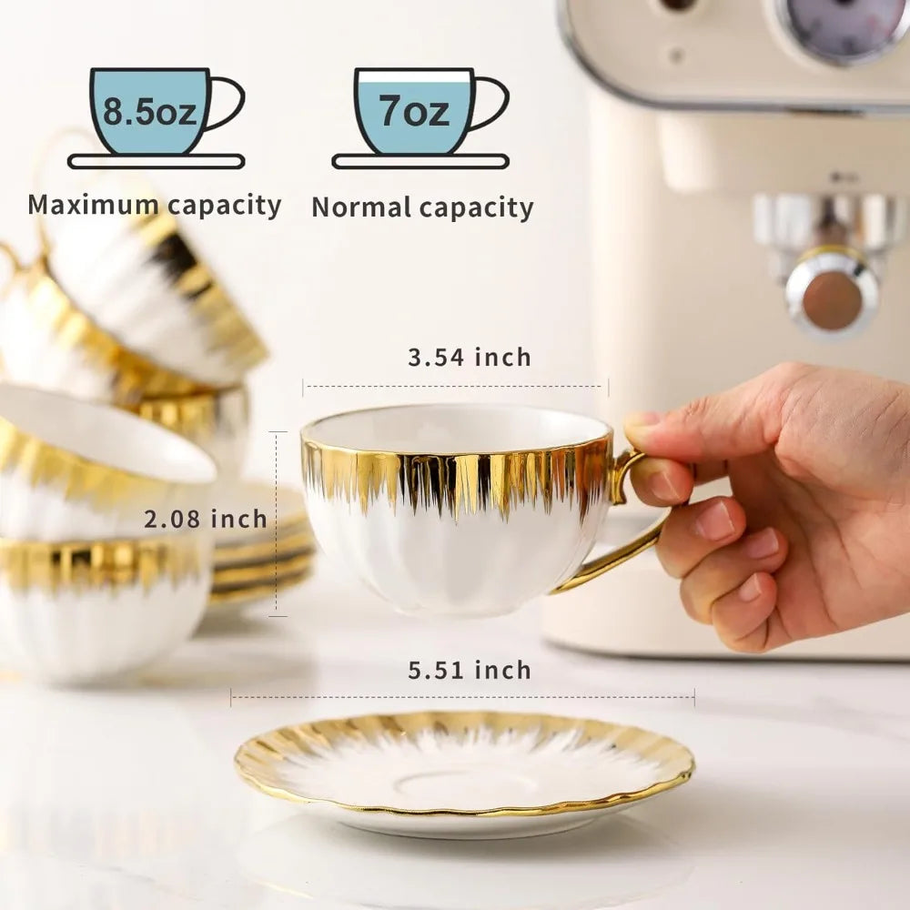 Elegant Porcelain Coffee Cups with Saucers, Set of 6, Gold Trim for Latte and Tea