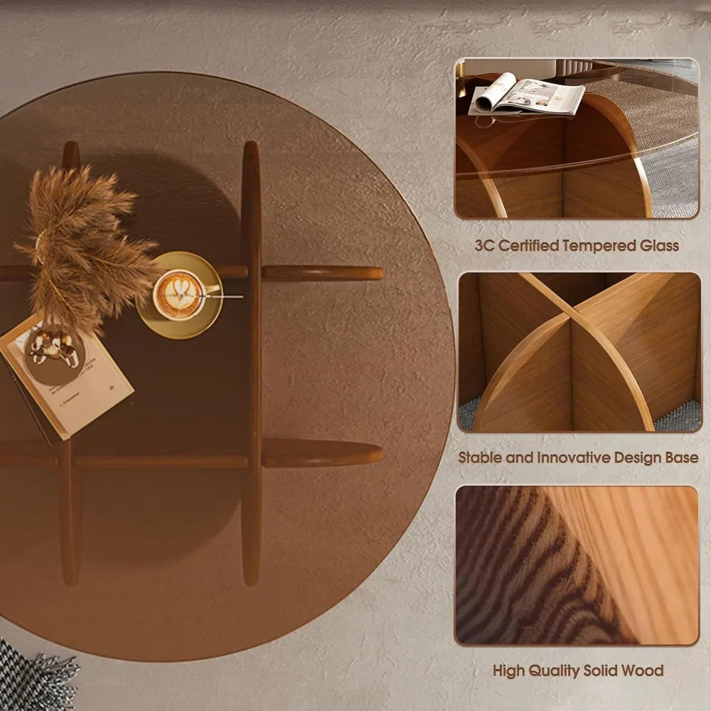 Modern Round Coffee Table with Solid Wood Legs, 31.5'' Glass Coffee Tables for Living Room Rustic Circle Center Cocktail Table