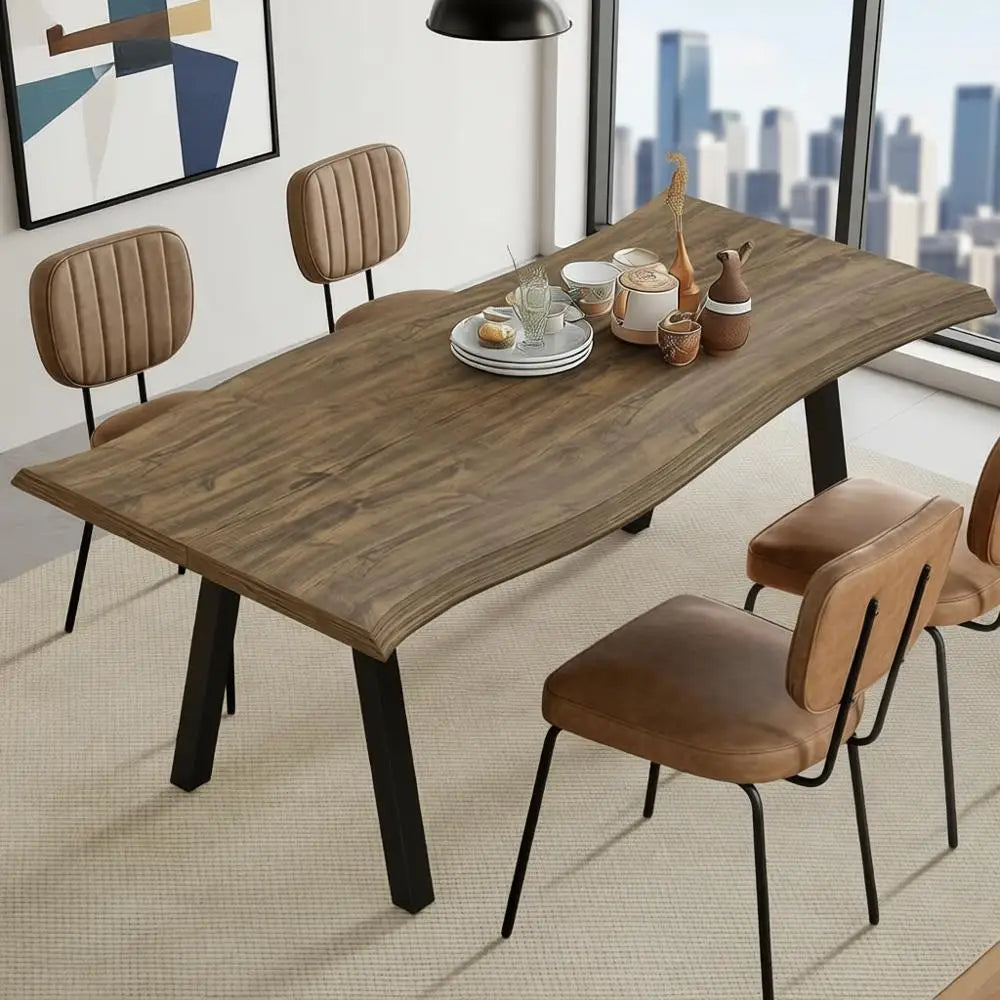 Rustic Rectangle Live Edge Dining Table, 70 L for 4-6, Modern Wood Kitchen Furniture, Metal Legs, Easy Assembly & Clean (Brown)