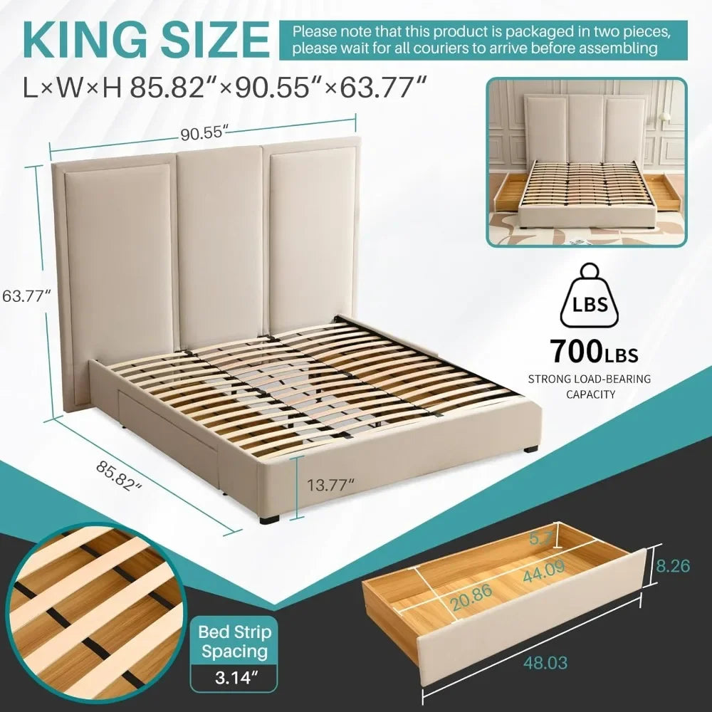 Queen Size Bed Frame Linen Upholstered Platform Bed with 64-inch High Headboard And Underbed Storage Drawers Simple Airey Design
