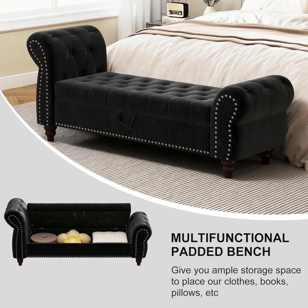 Mid-Century Velvet Storage Ottoman Bench – Black Tufted with Rolled Arms