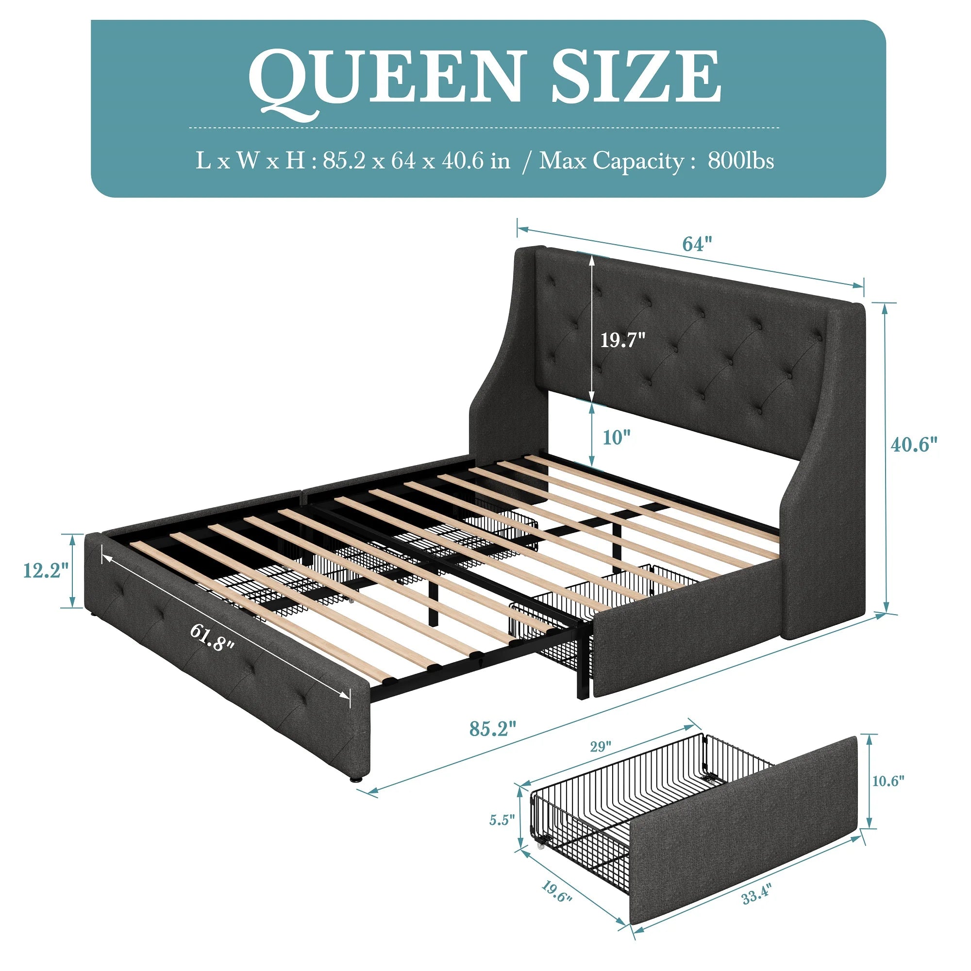 Upholstered Platform Bed Frame with 4 Storage Drawers – Wingback Button-Tufted Headboard