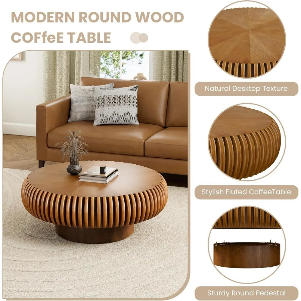 Fluted Drum Coffee Table – Round Mid-Century Modern Pedestal Center Table
