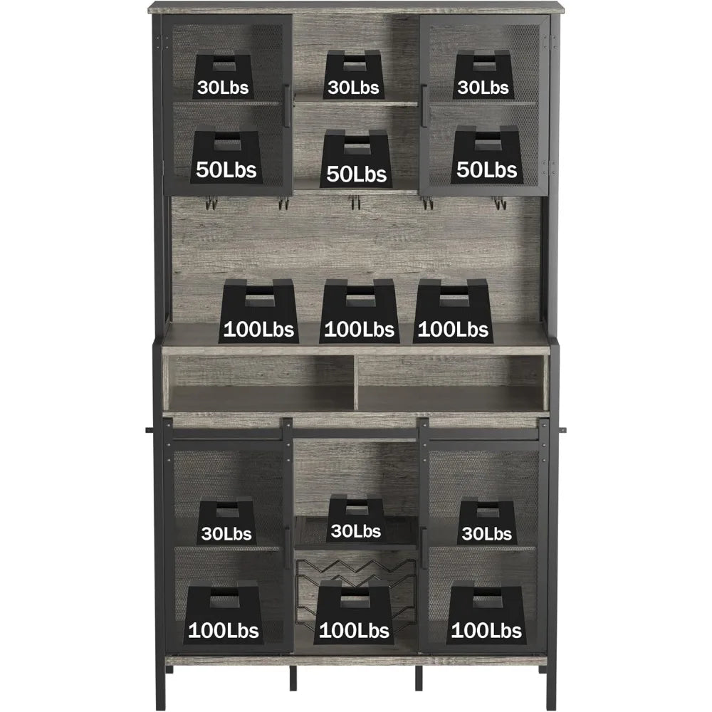 72″ Tall Bar Cabinet with LED Lights – Wine & Liquor Cabinet with Sliding Barn Door