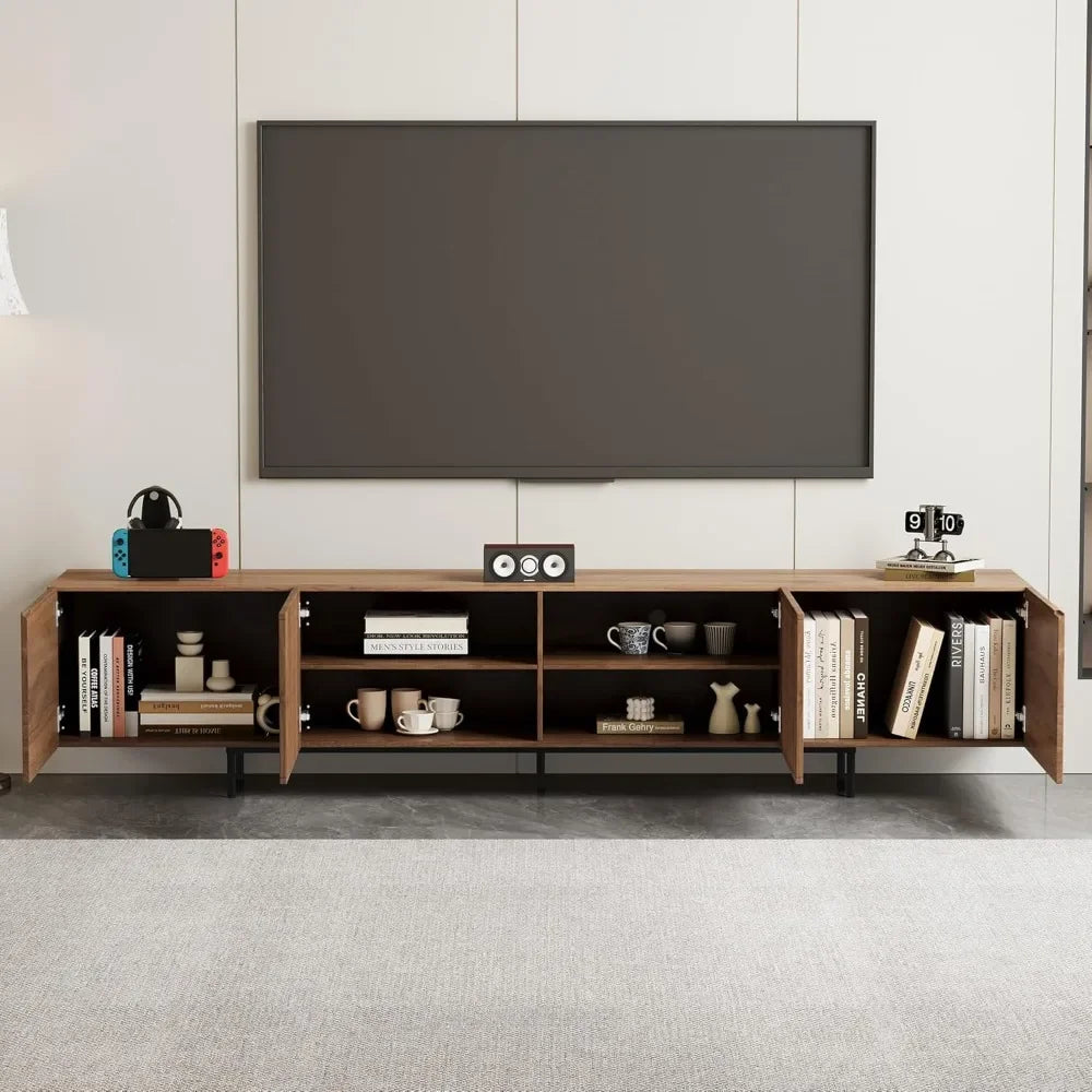Modern Extendable Walnut TV Console for 75+ Inch Screens with Grille Doors And Drawers for Living Room And Bedroom
