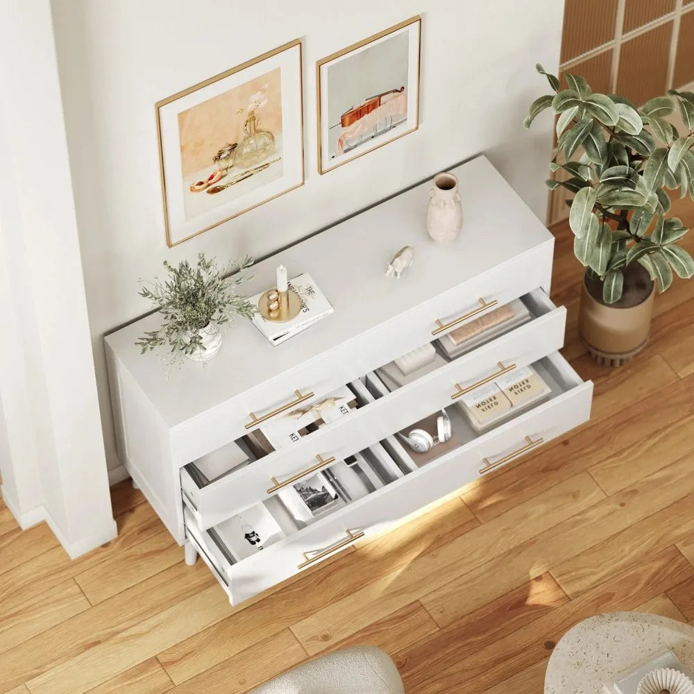 6 Drawer Dresser, Gold Metal Handle, Double Layer Wooden Storage Cabinet for Bedroom Living Room, White