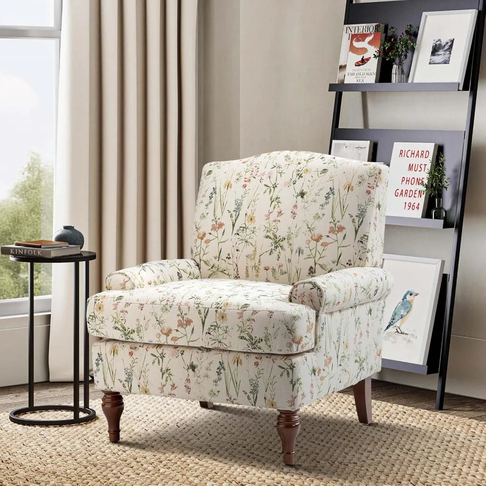 Floral Upholstered Accent Chair – Armchair with Solid Legs & Removable Cushion
