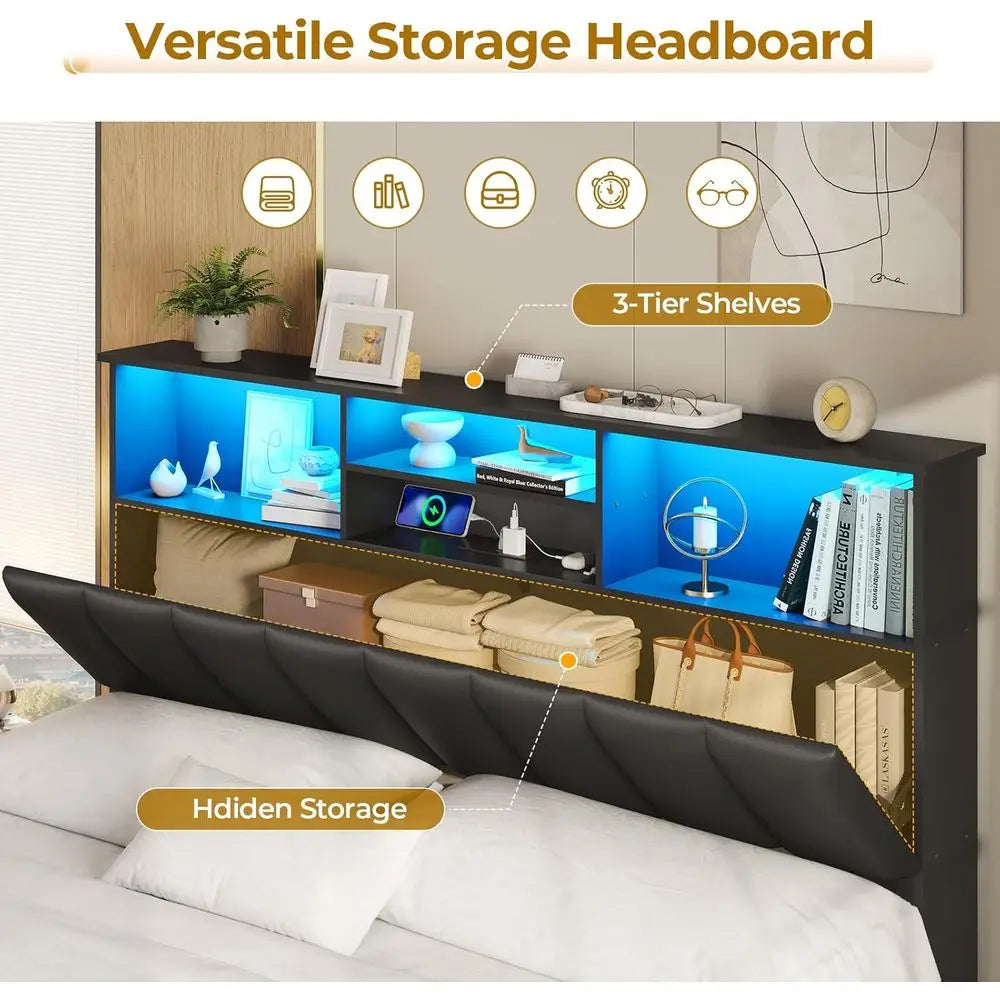 Queen Wooden Bed Frame with Bookcase Headboard – LED Lights, Charging Ports & Storage Drawers (Black)