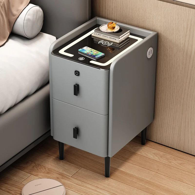 Ultra Narrow Smart Nightstand Luxury Bedside Table Minimalist Solid Wood Storage Cabinet Compact Bedroom Organizer with Charging