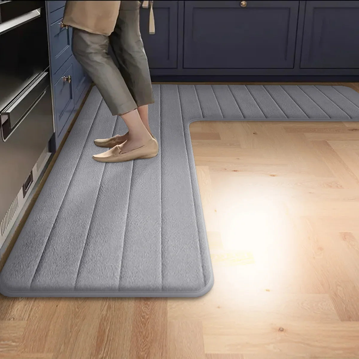 Long Striped Kitchen Floor Mat L-shaped Flannel Water Absorbent Bathroom Carpet Rug Non-slip Toilet Shower Mat Corner Doormat