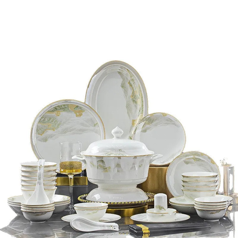 18-Piece Fine Bone China Jingdezhen Dinnerware Set – Gold Line Porcelain Tableware Collection